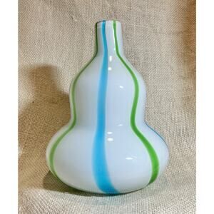 Vintage double gourd white green blue vertical striped floral stem vase